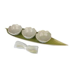 Pier 1 Stoneware Flower and Leaf Triple Serving Bowl & Platter Set Party READ